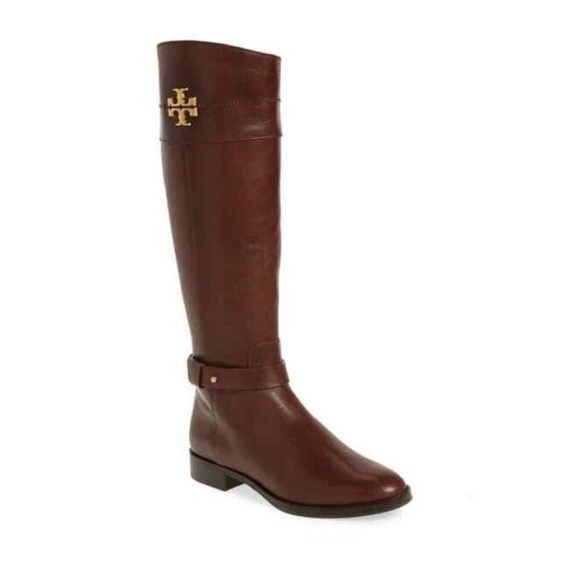 TORY BURCH Adeline Riding Tall Boots 7 Leather Almond Brown Gold Logo NWT $498 - Picture 4 of 7